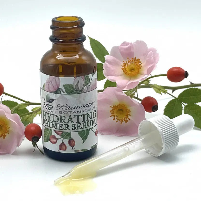Bottle of Rattanwood Botanicals Hydrating Primer Serum with dropper on a white background