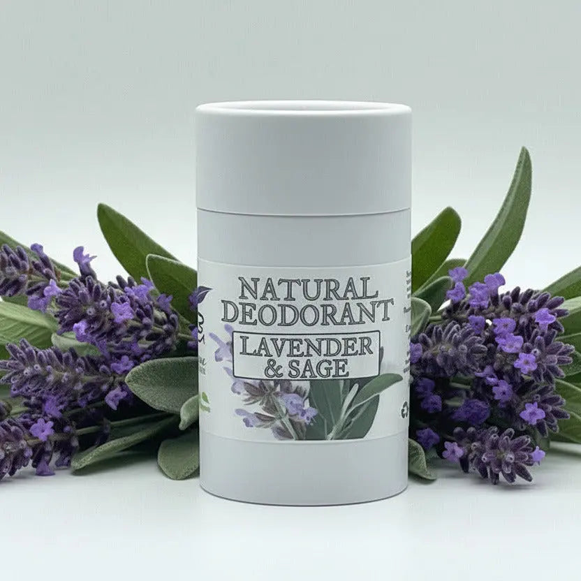 Natural deodorant stick with lavender and sage design on a light gray background