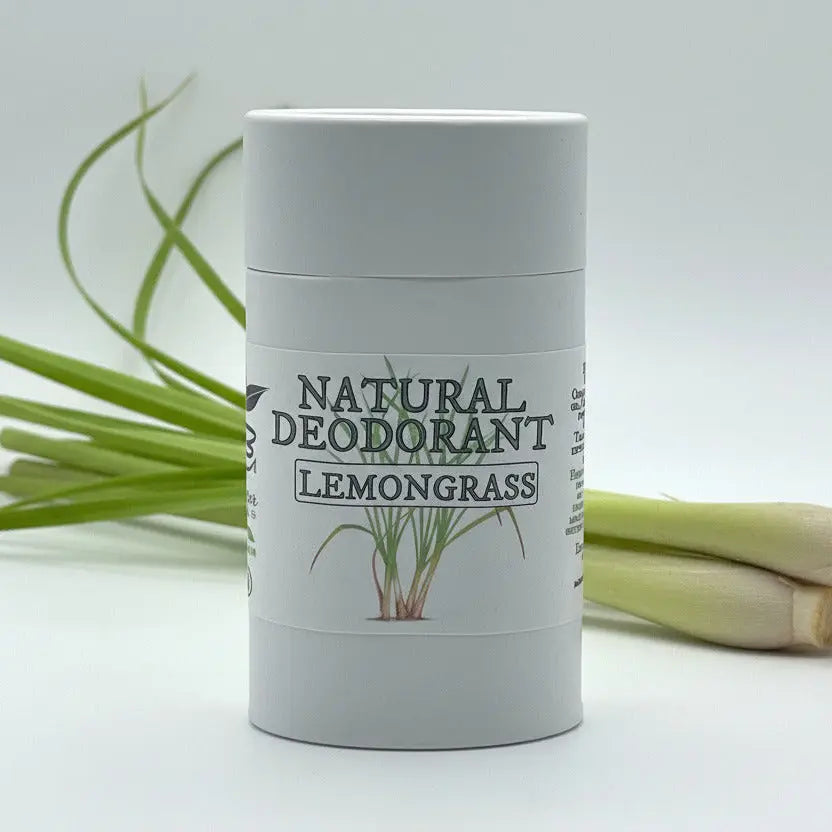 Natural deodorant stick with lemongrass label on a white background
