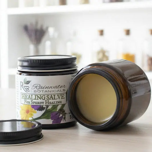 Open jar of Rainwater Botanicals Healing Salve on a white background