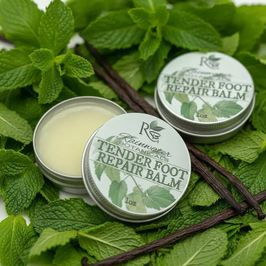 Tender Foot Repair Balm, vegan, natural, plastic free! Rainwater Botanicals