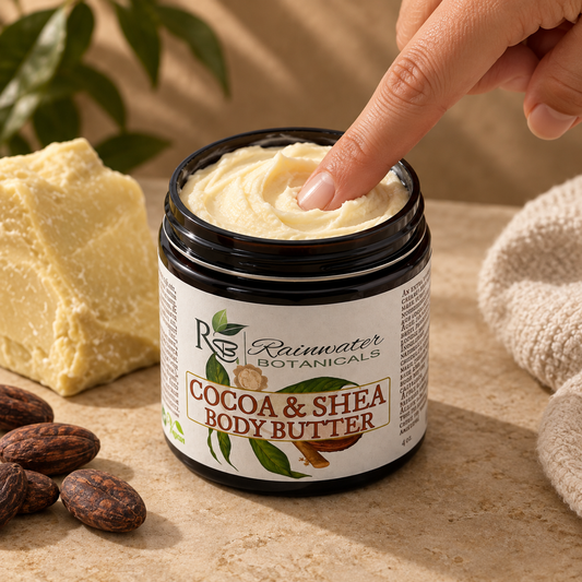 A jar of Rainwater Botanicals Cocoa & Shea Body Butter is shown open with a finger dipping into the cream, styled with a block of shea, cocoa beans, and a knit blanket on a warm neutral background.