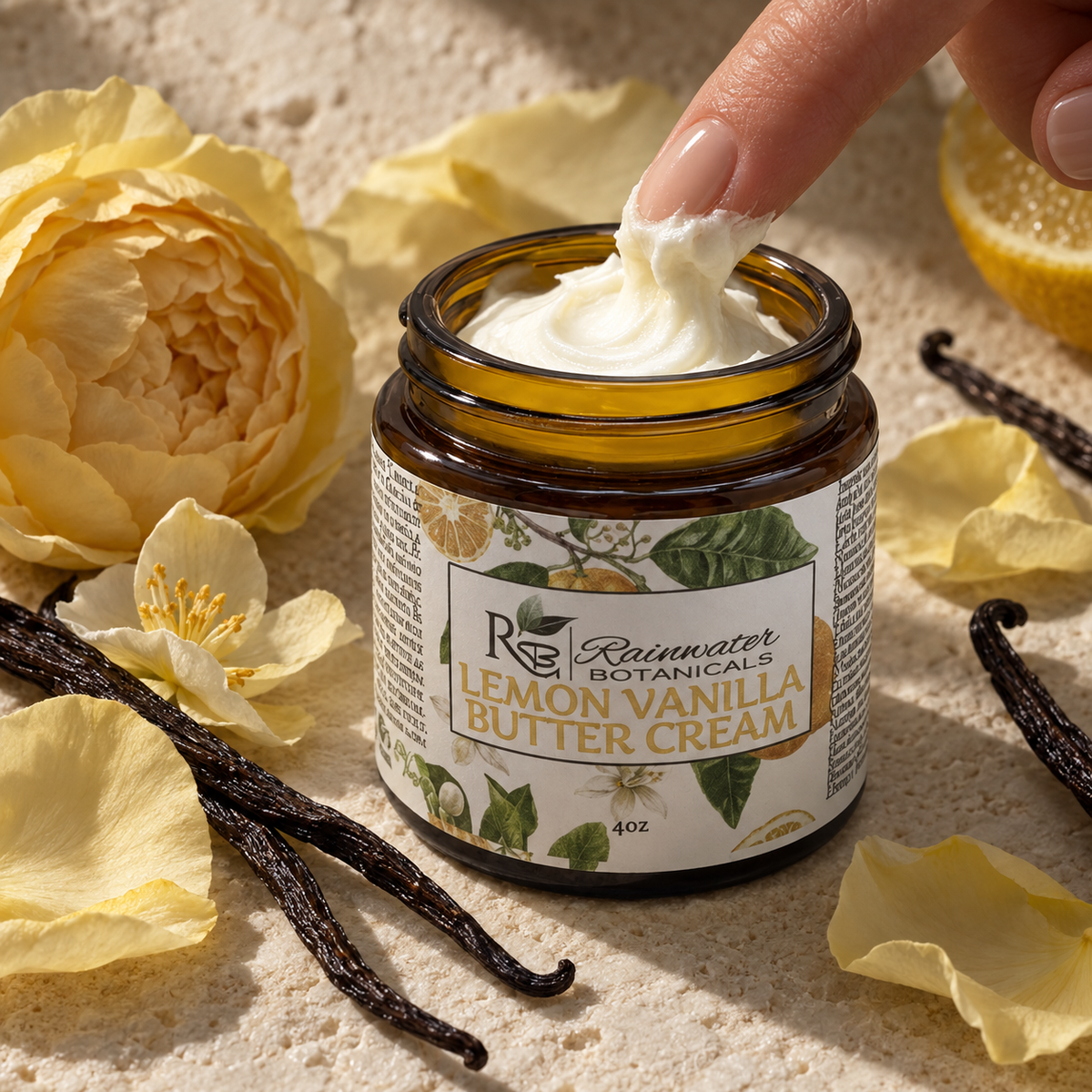 A jar of Rainswater Botanicals Lemon Vanilla Butter Cream is shown open with a finger dipping into the white cream, surrounded by yellow flowers, vanilla beans, and lemon slices on a sandy surface.