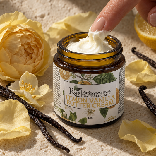 A jar of Rainswater Botanicals Lemon Vanilla Butter Cream is shown open with a finger dipping into the white cream, surrounded by yellow flowers, vanilla beans, and lemon slices on a sandy surface.